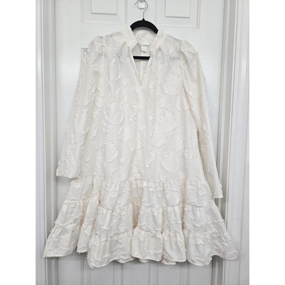 H&M Women's White Ruffled Jacquard Embroidered Shirt Dress